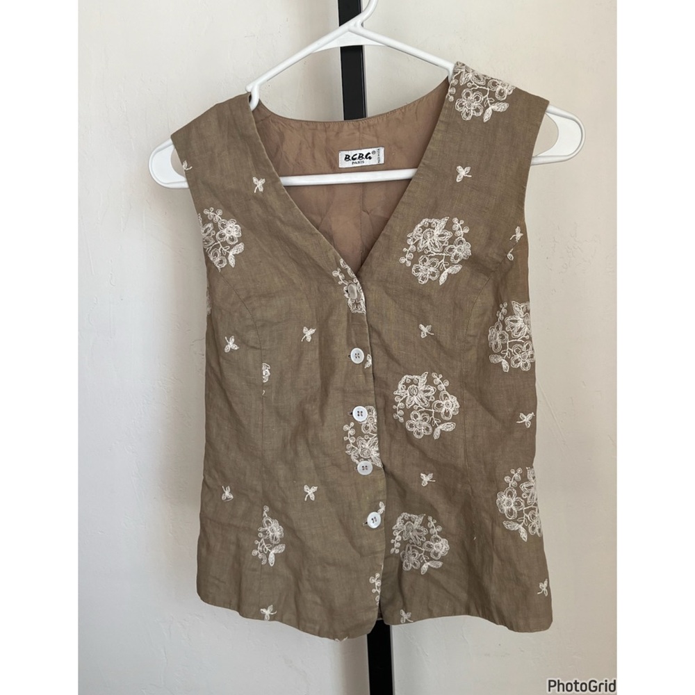 Vintage BCBG Paris Embroidered Khaki Linen Vest